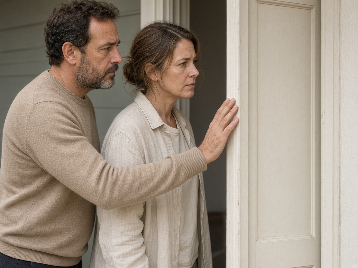 A closer view of two people studying a doorway