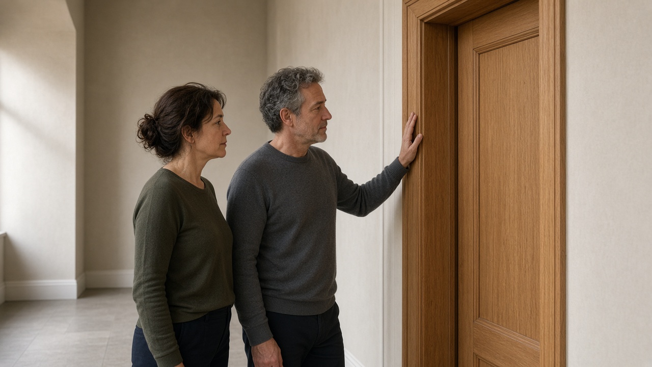 Two adults standing in a doorway, looking at the frame, with no screens