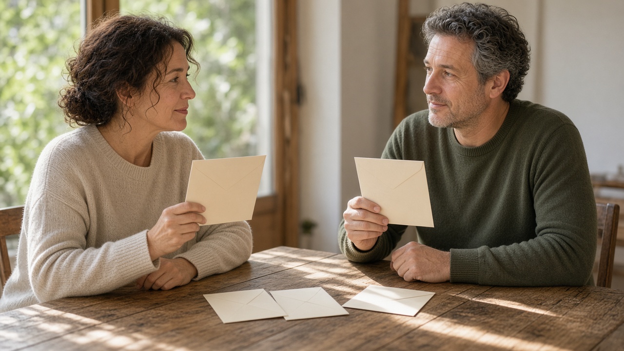 Two adults with blank envelopes on the table and a laptop closed