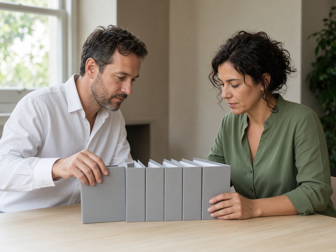 A closer view of two people straightening matching folders