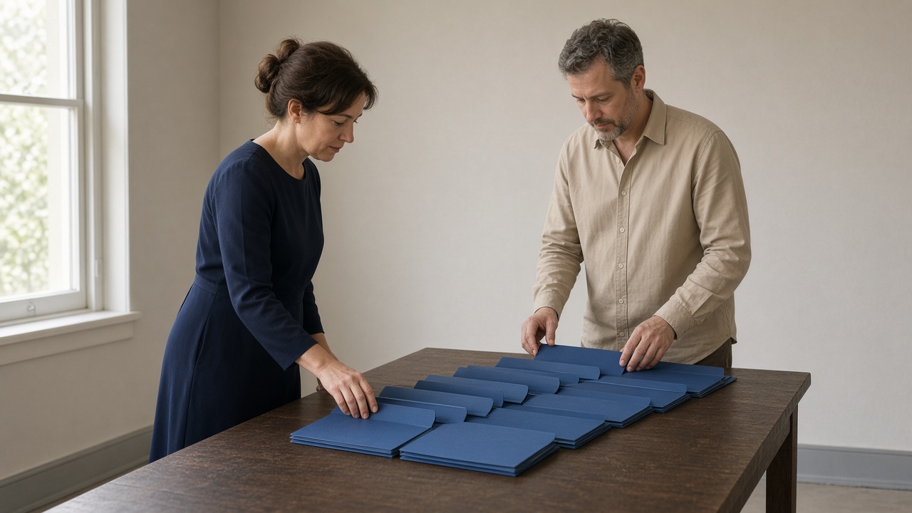 Two adults aligning identical plain folders on a table