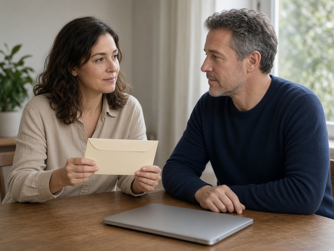 A closer view of two people with a single blank envelope
