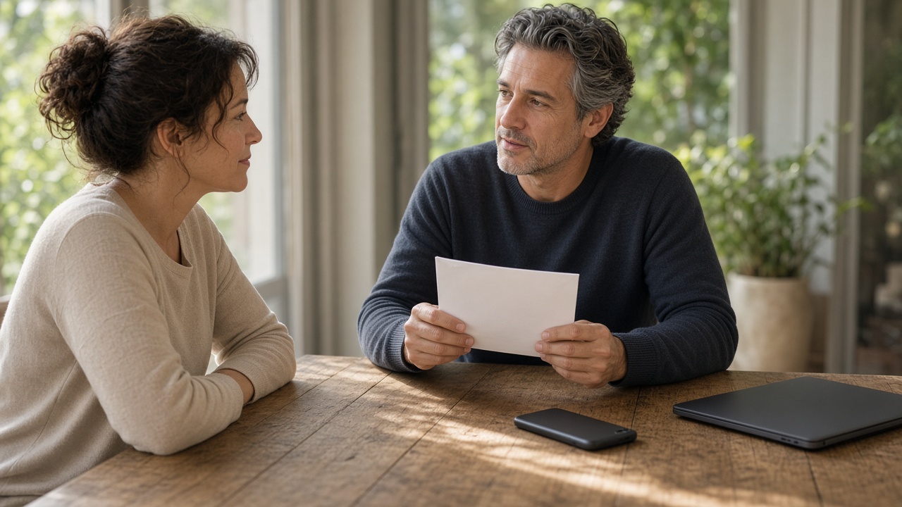 Two adults at a table, one holding a blank envelope, laptop closed