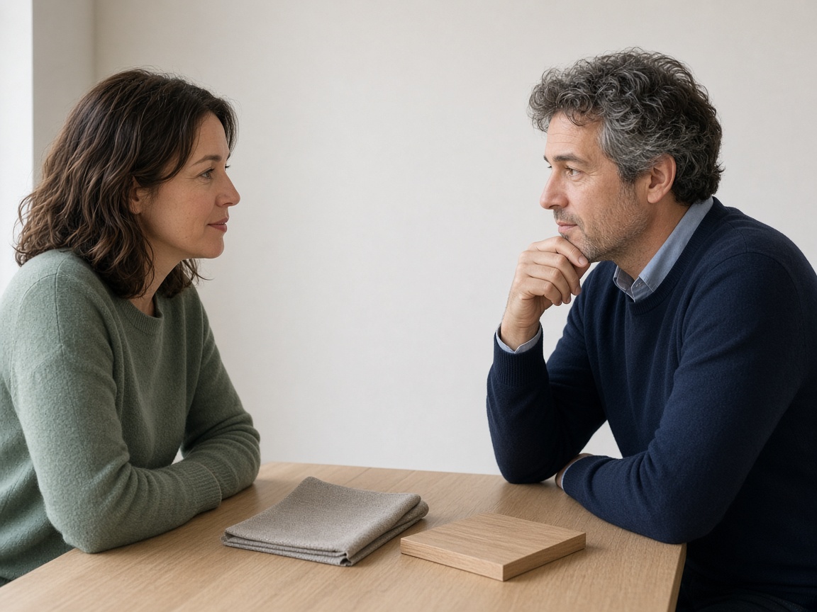 A closer view of two people comparing a wall and a material swatch