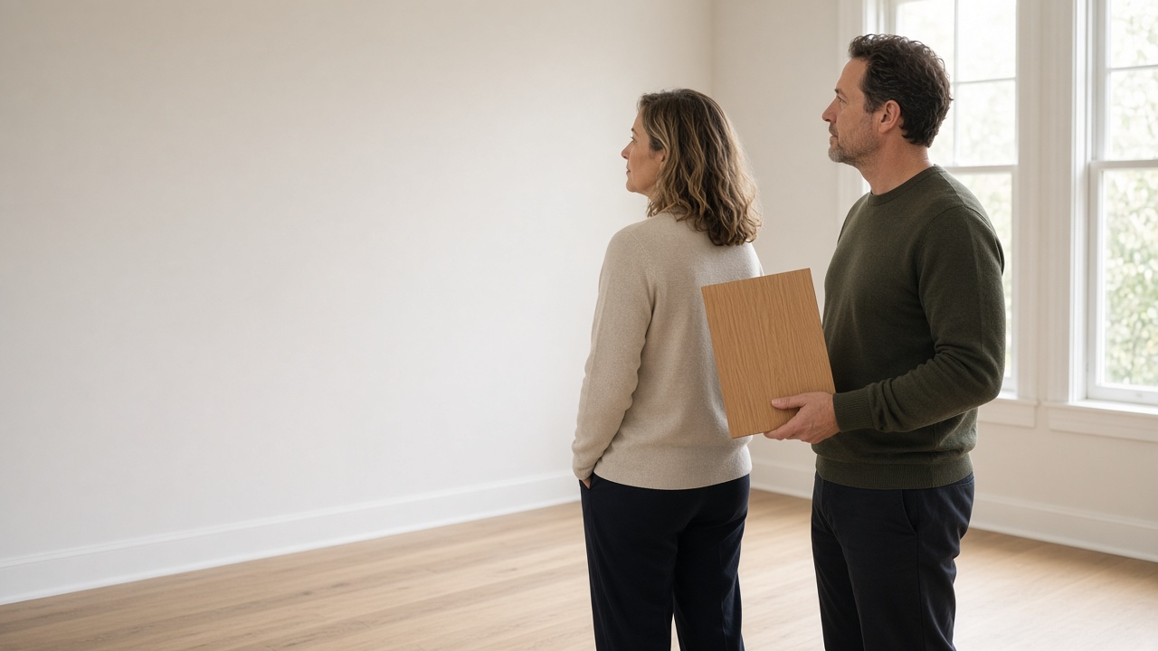Two adults looking at a plain wall and a material sample