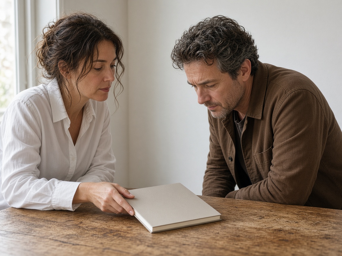 A closer view of two people with a closed notebook between them