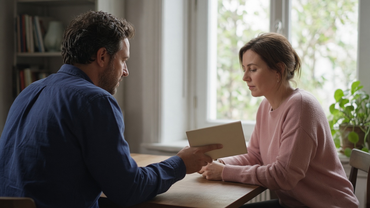 One person showing a closed notebook to another person across a table