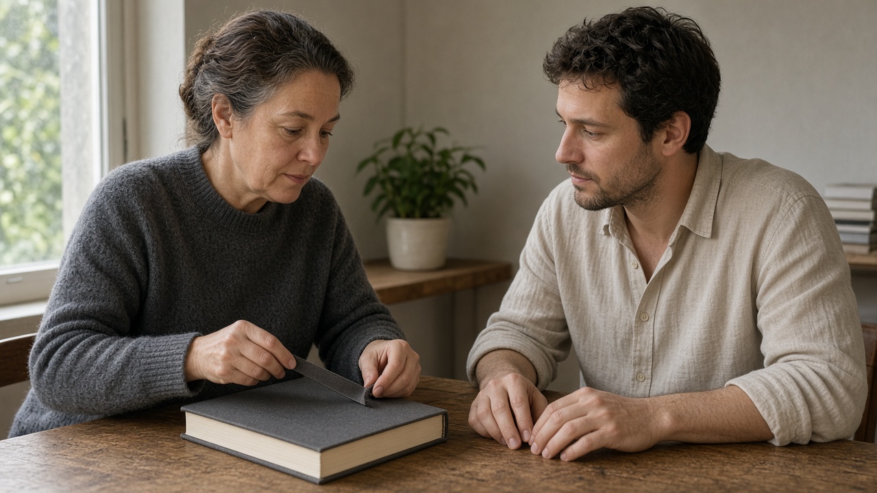 One person placing a ribbon in a book while another person watches