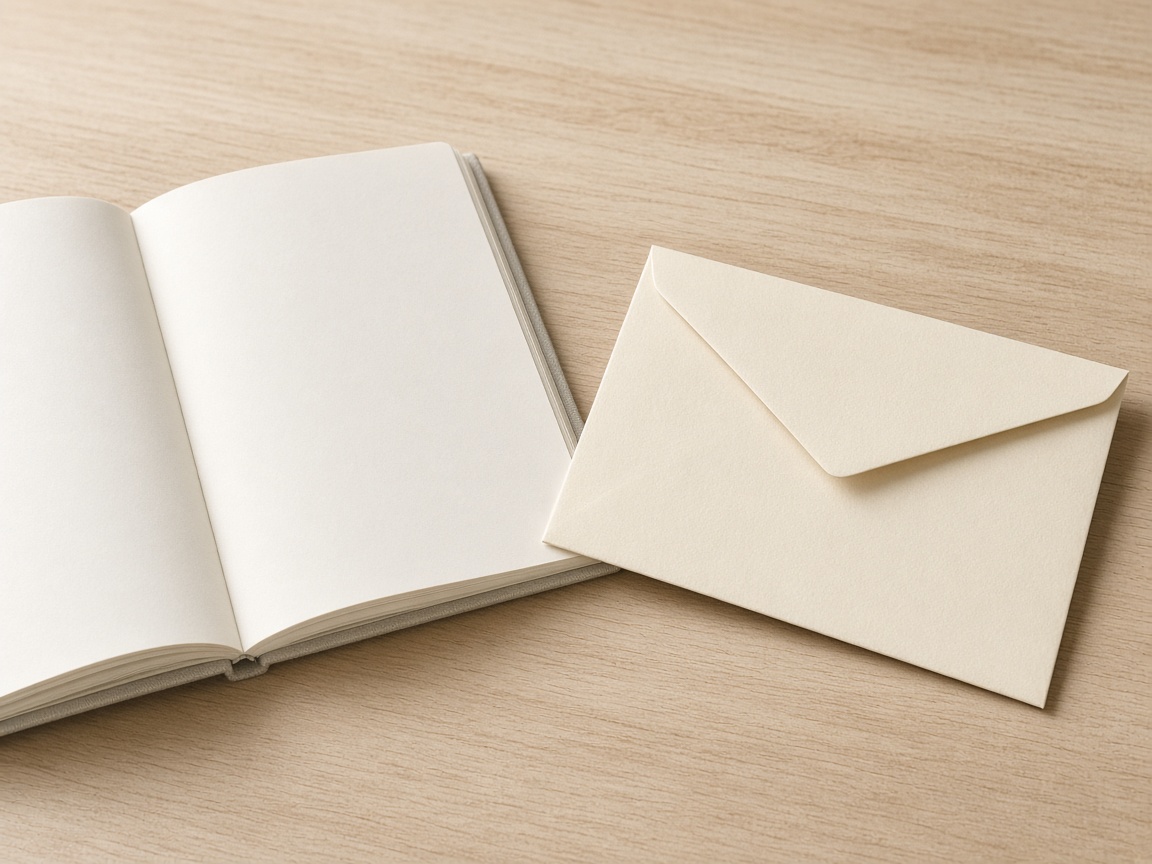 An open blank notebook beside a sealed envelope with no address.