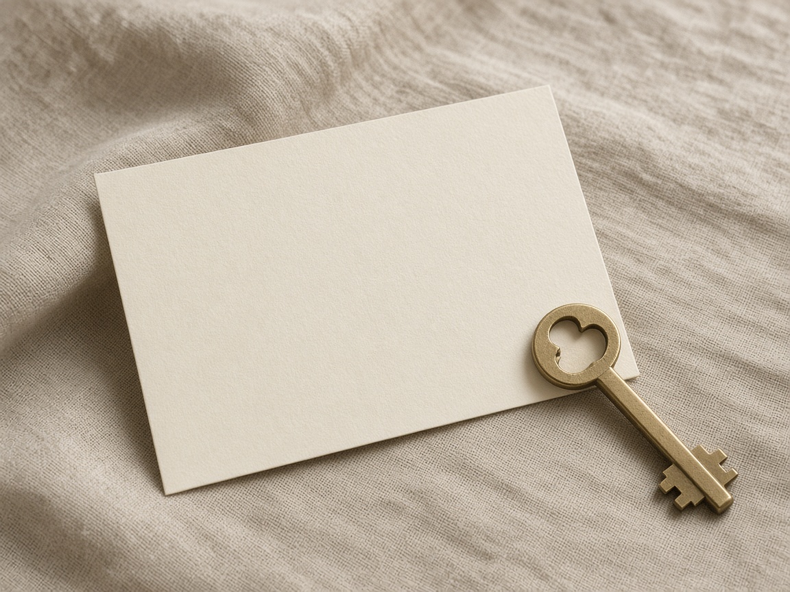 A blank postcard and a house key on a linen cloth.