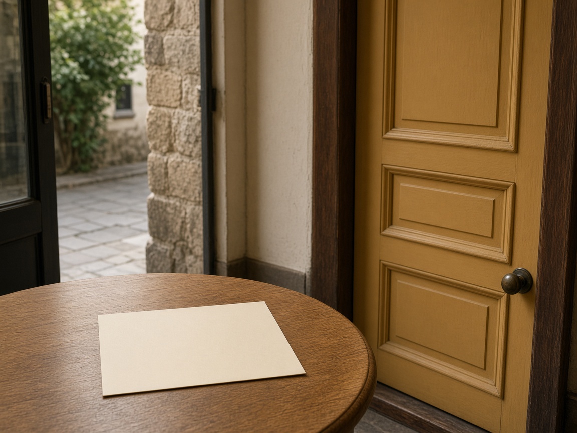 A shop doorway beside a blank cream card in the same warm color.