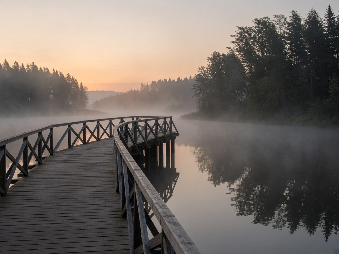 A wooden footbridge over a still river in the morning mist.