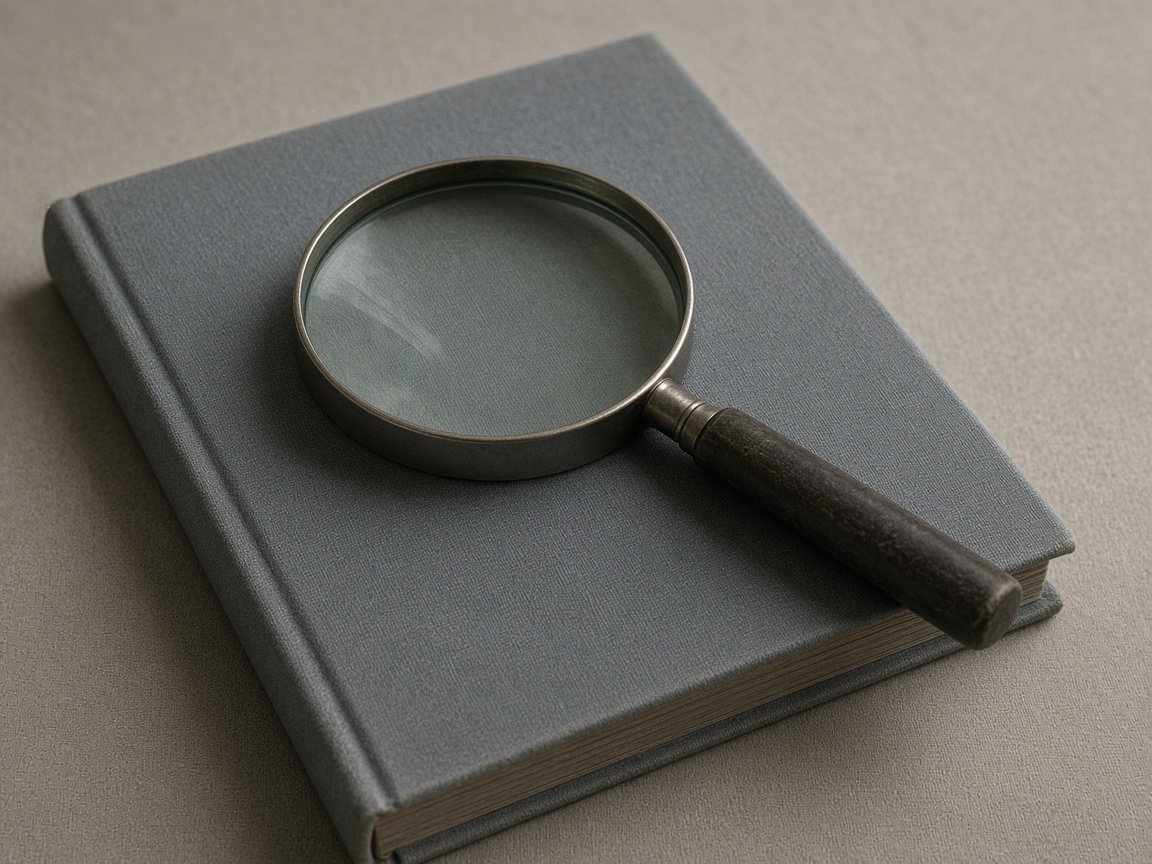 A magnifying glass resting on a plain booklet with no title.