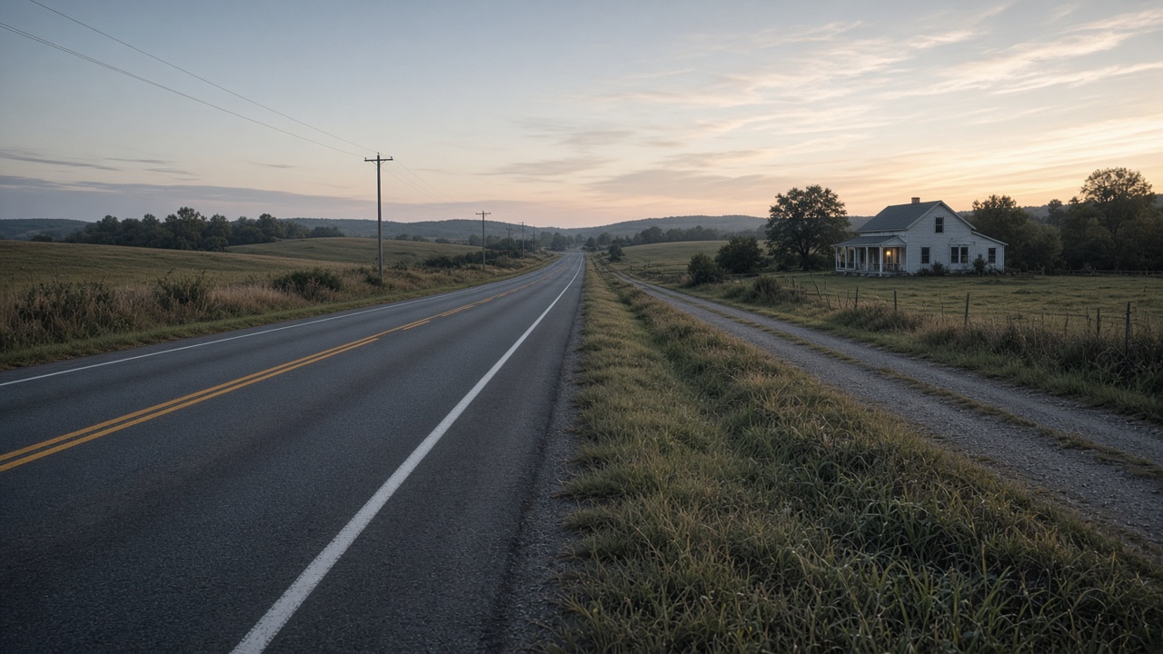 An empty highway with a side road leading to a house whose porch light is on.