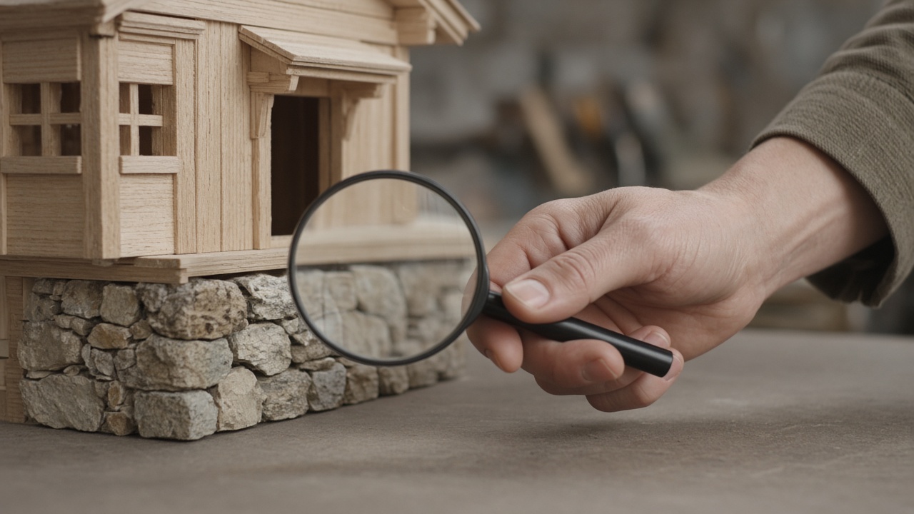 A magnifying glass held over the stone base of a small wooden model.