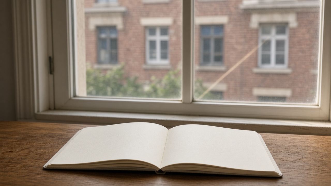 A blank notebook on a desk, with a distant building seen through the window.