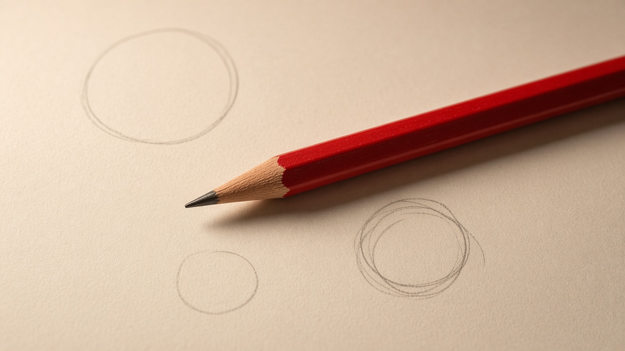 A red pencil lying on a blank page with a few abstract pencil circles.