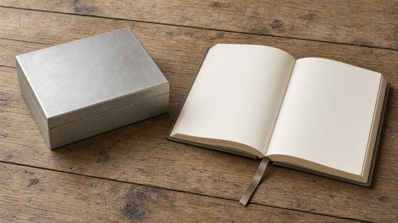 A closed plain metal box beside an open book with blank pages.