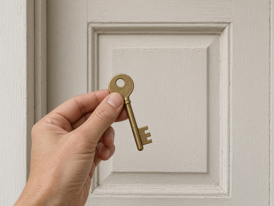 A hand holding a plain brass key in front of a simple door.