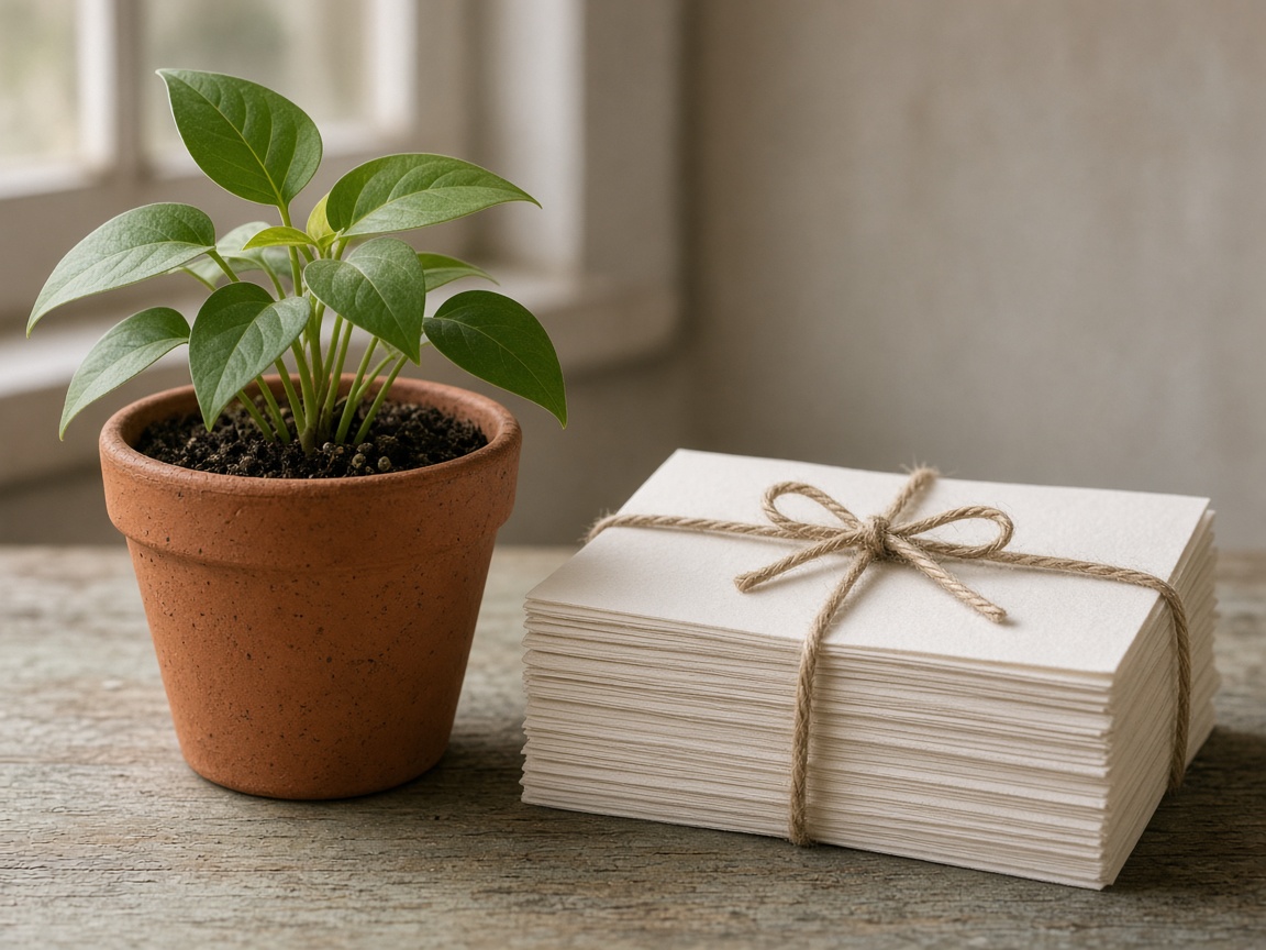 An unmarked terracotta pot beside a finished stack of blank paper.