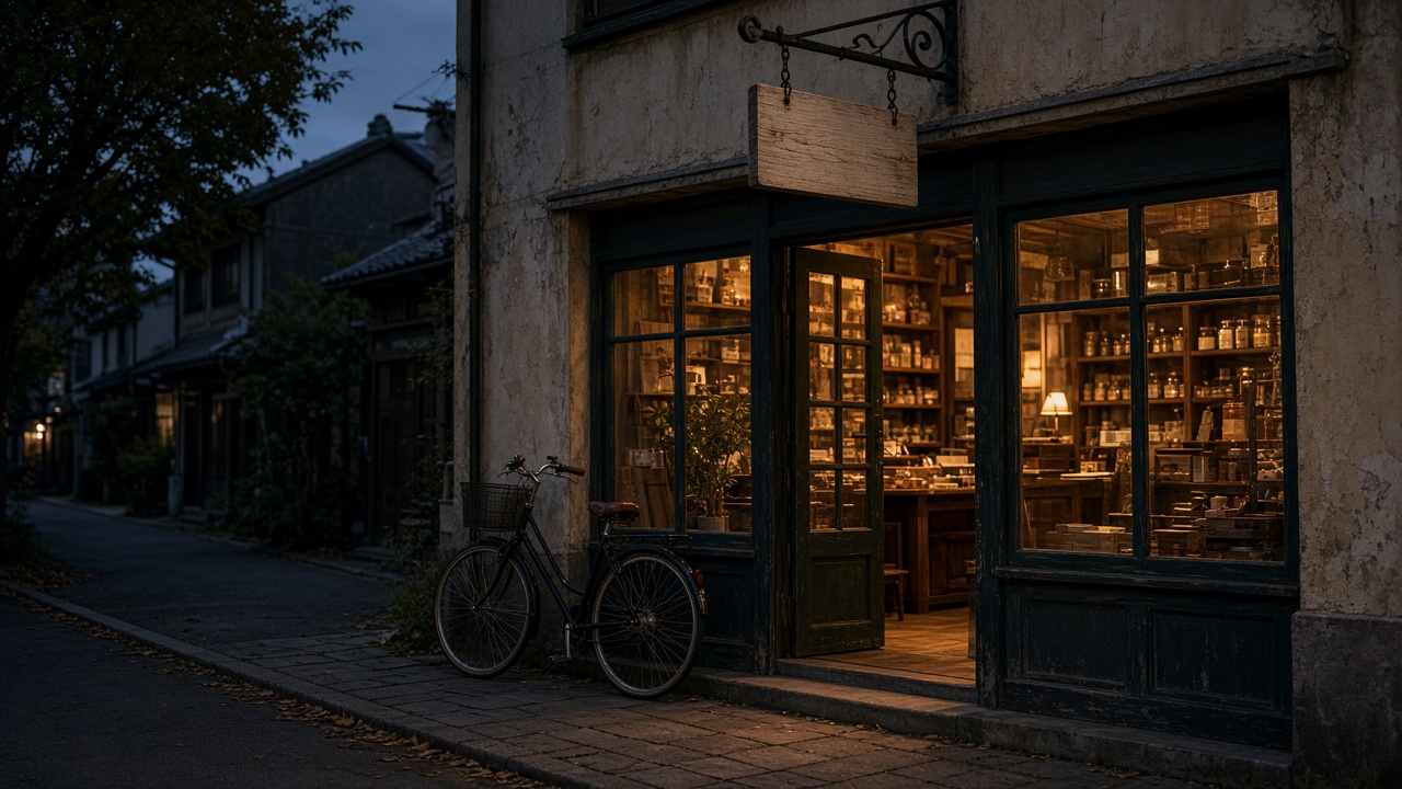 A small shop at dusk with a warm interior and a blank wooden signboard.