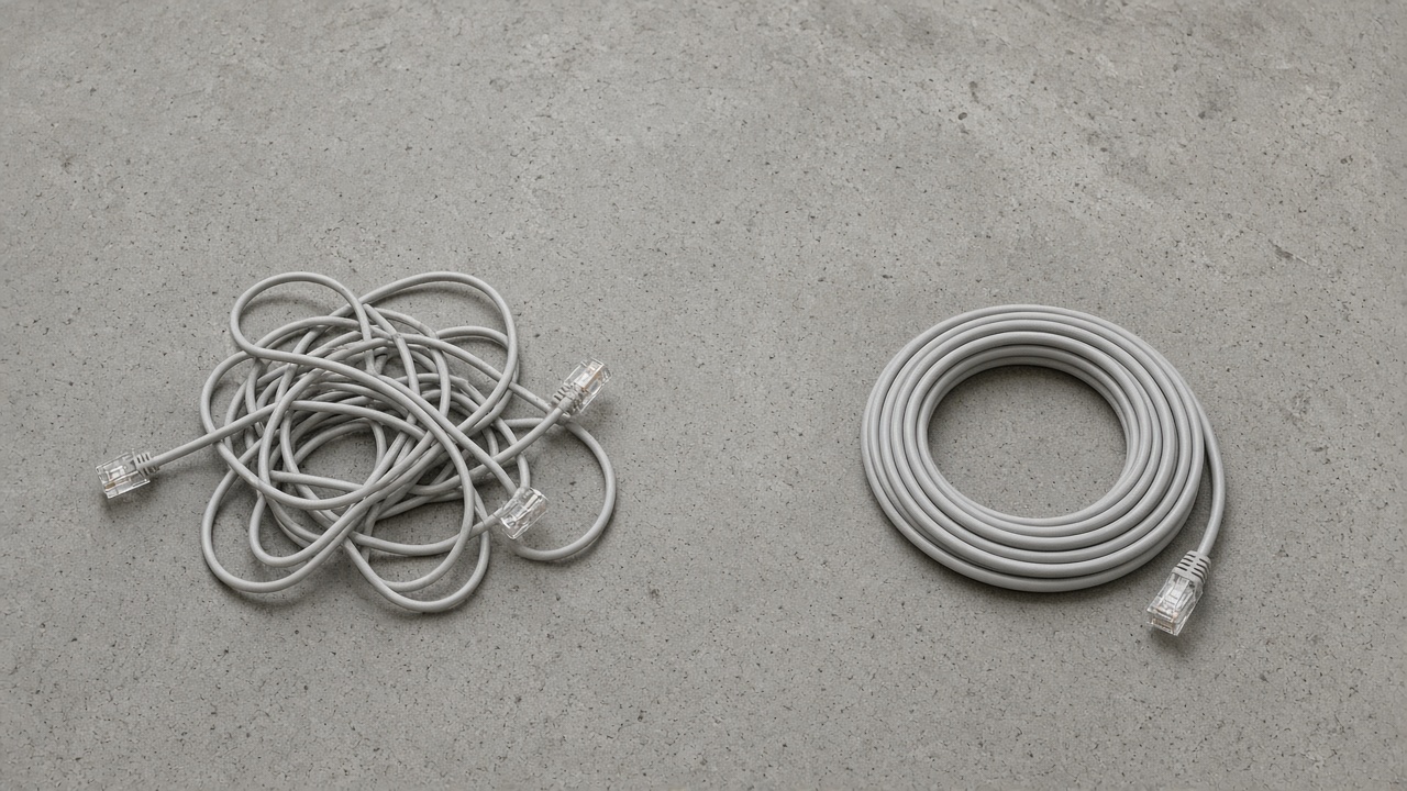A tangled ethernet cable beside the same kind of cable coiled neatly.