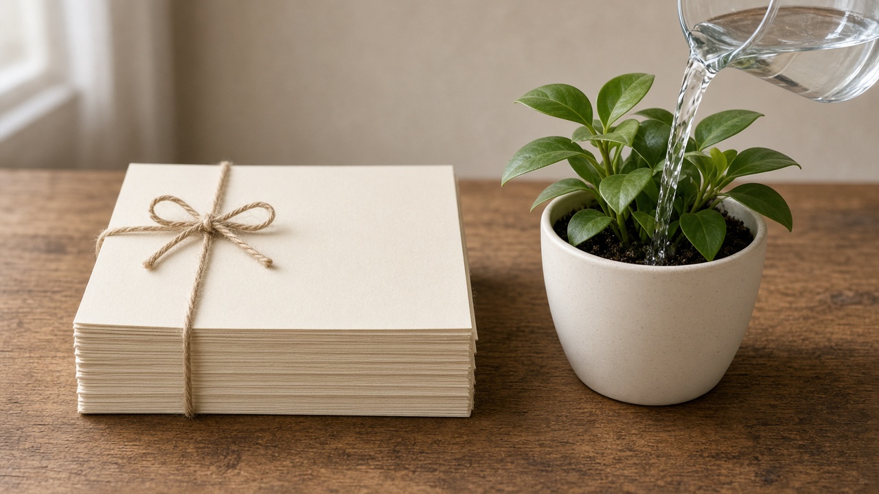 A stack of blank paper tied with string beside a small plant being watered.