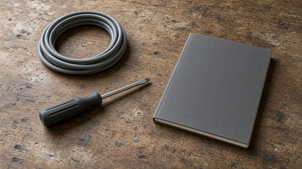 A workbench with a coiled cable, a screwdriver, and a closed notebook.