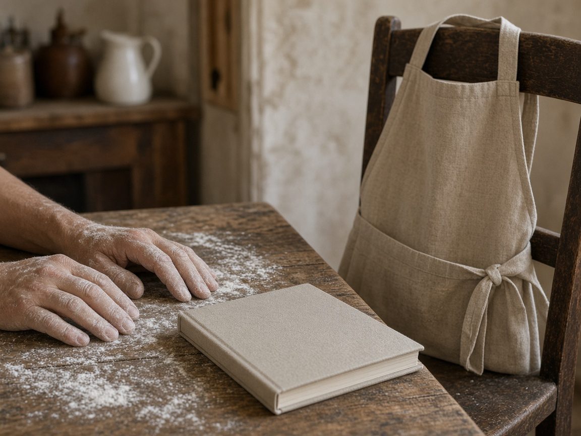 An apron over a chair and flour-dusted hands beside a closed notebook.