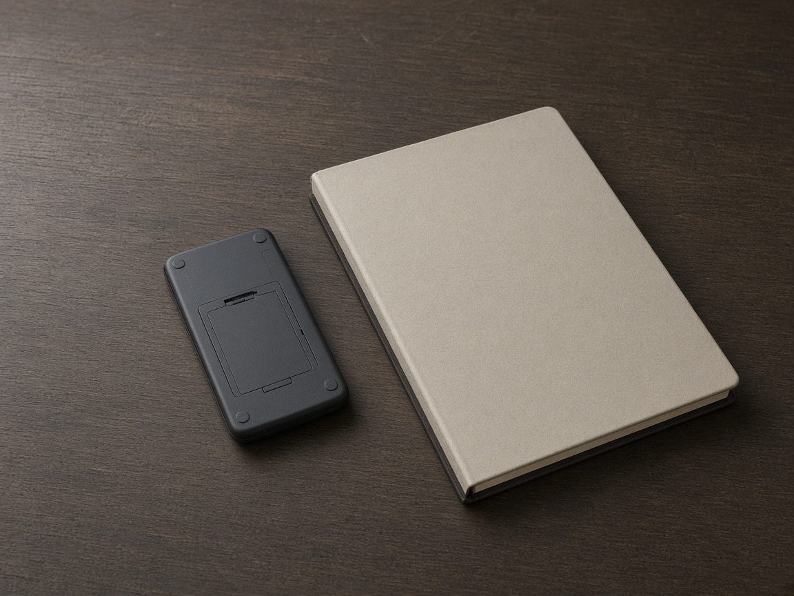 A calculator lying face-down next to a closed ledger with a blank cover.