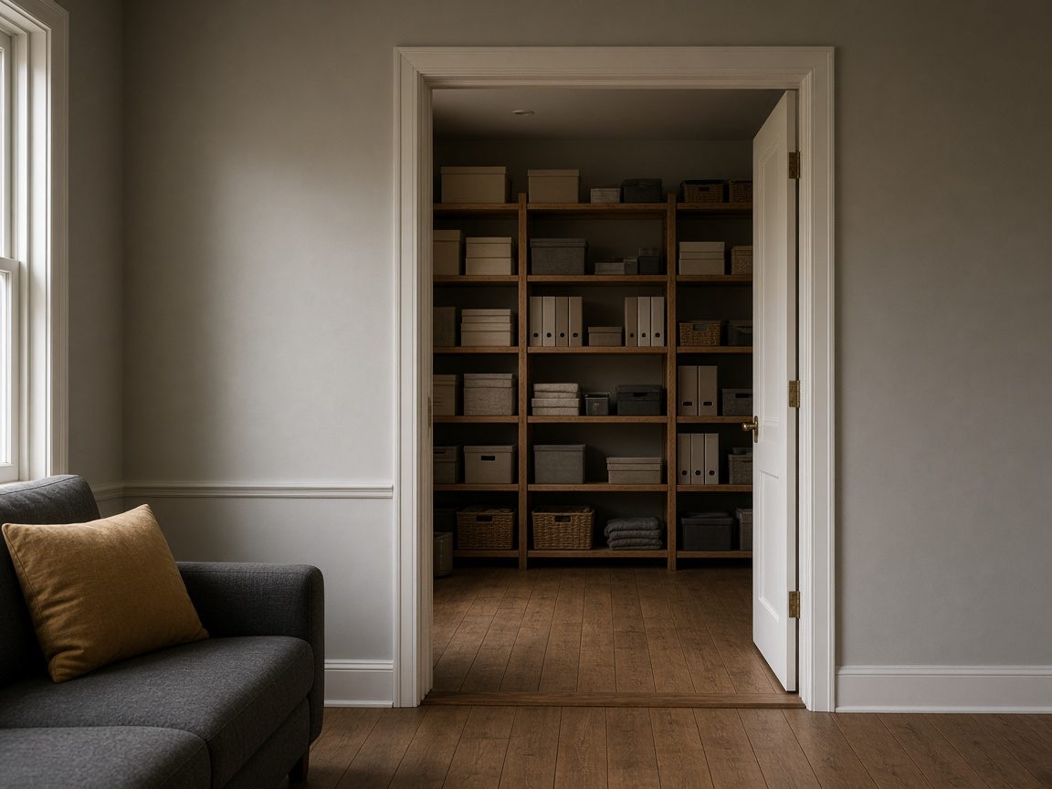 A doorway between a front room and a back office of plain shelves.