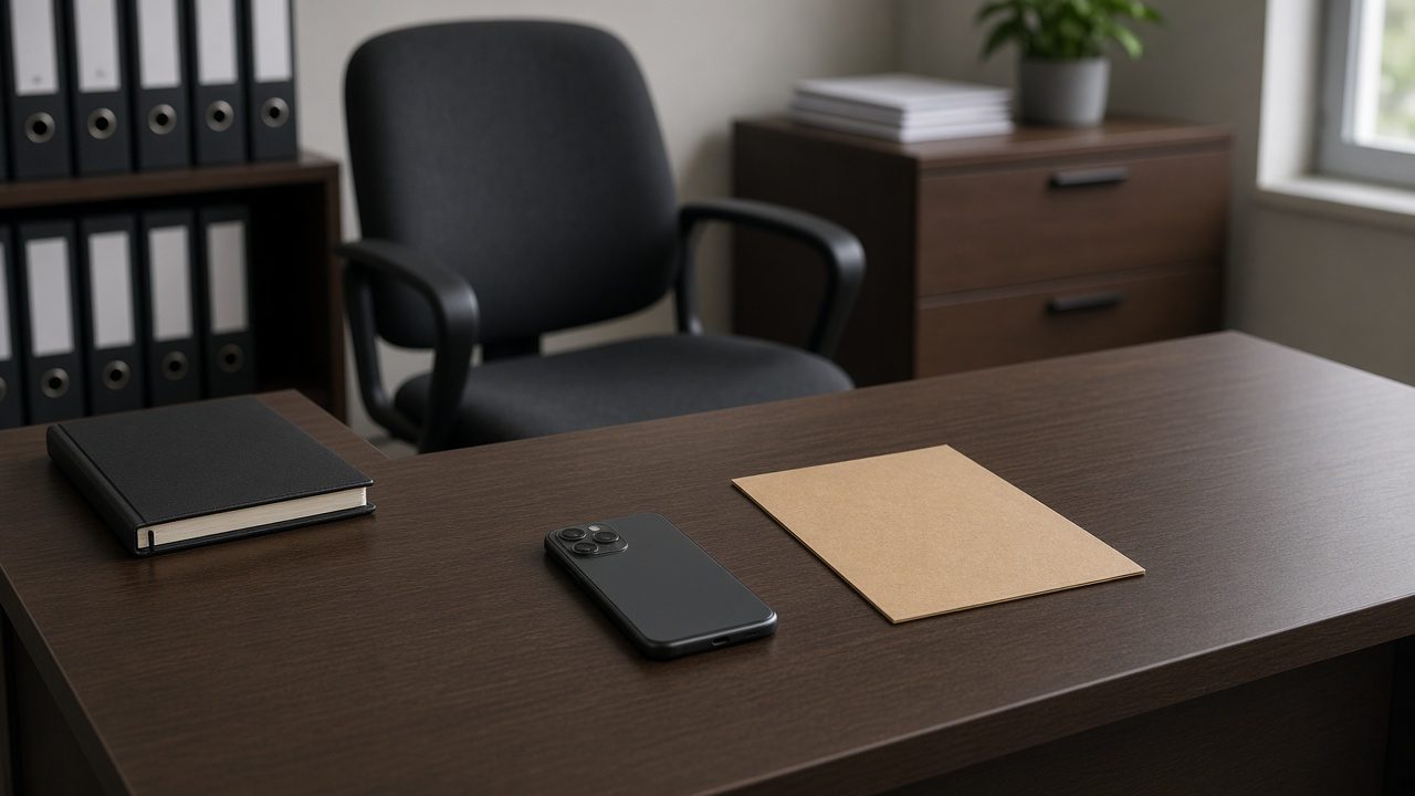 A phone and a face-down notepad on a desk, the chair pushed back.
