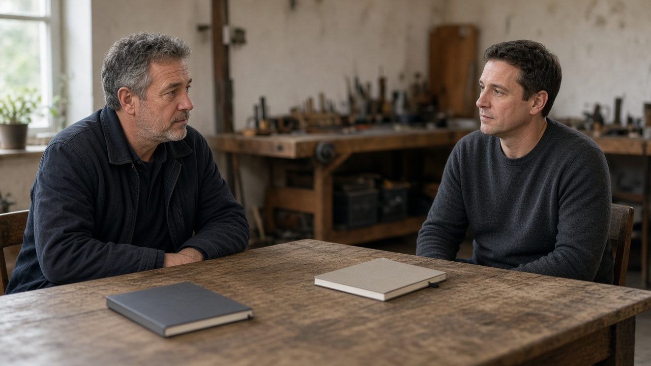 A meeting table with two closed notebooks, a workshop bench soft in the background.