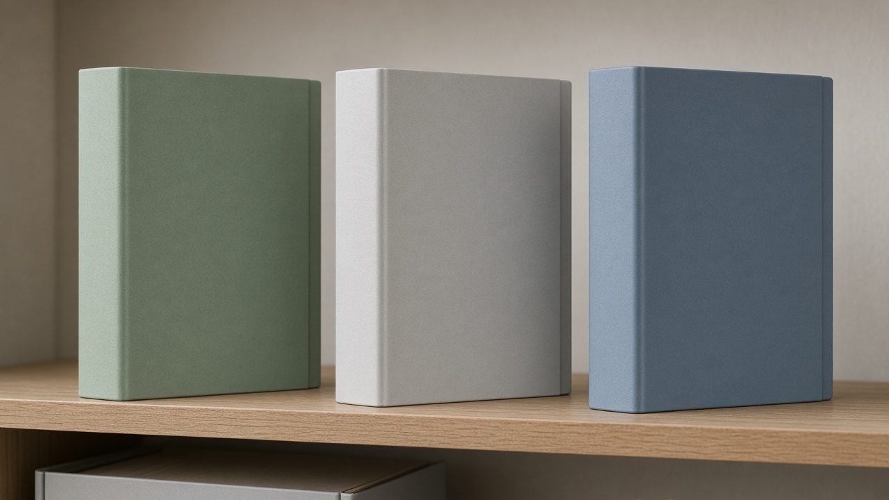 Three plain binders in different muted colors with blank spines, standing apart.