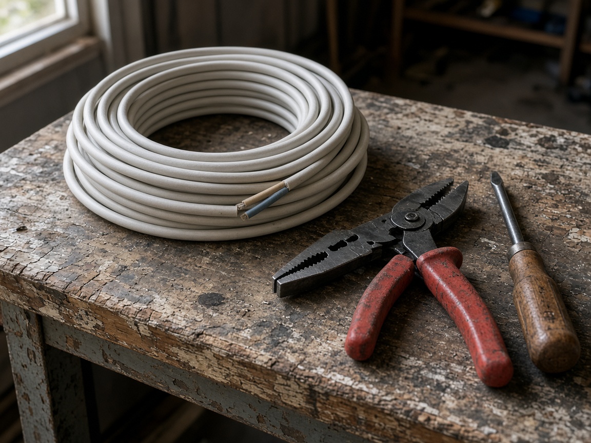 A coil of electrical cable, pliers, and a screwdriver rest on a worn wooden workbench in a garage.