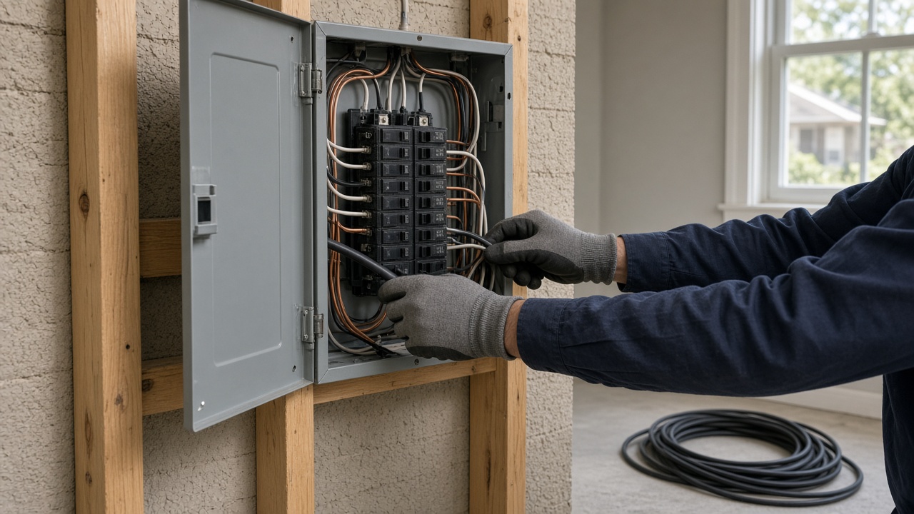 An electrician's gloved hands route cable into an open residential breaker panel beside a coil of wire.