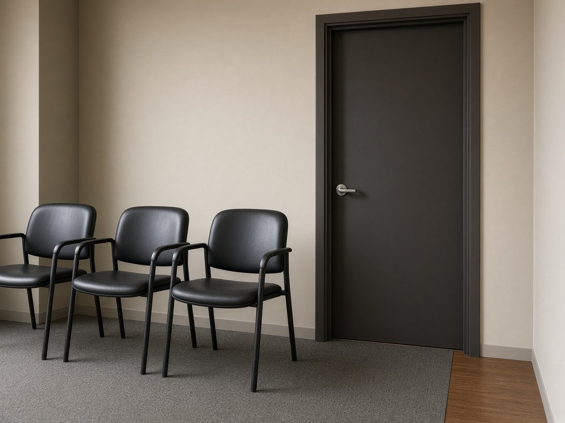 Three empty chairs outside a closed office door.
