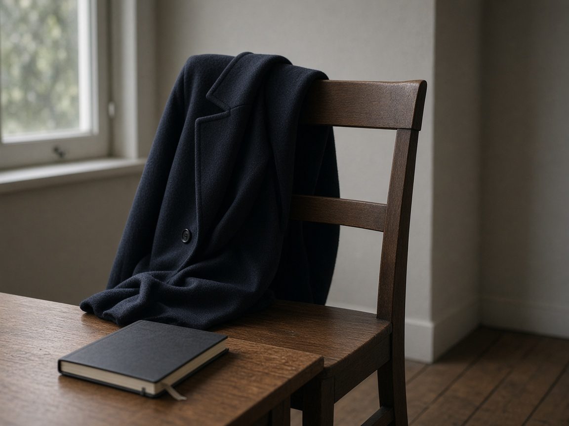 A coat on an empty chair and a closed notebook on the table.