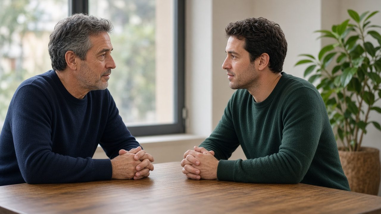 Two people talking across a table by a window, with no screens or charts.