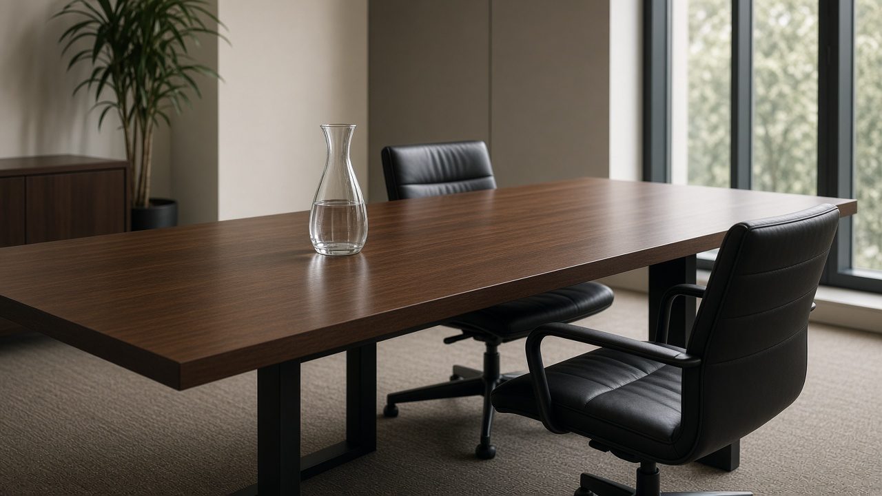 An empty conference table, two chairs slightly out, and a carafe, with no papers.
