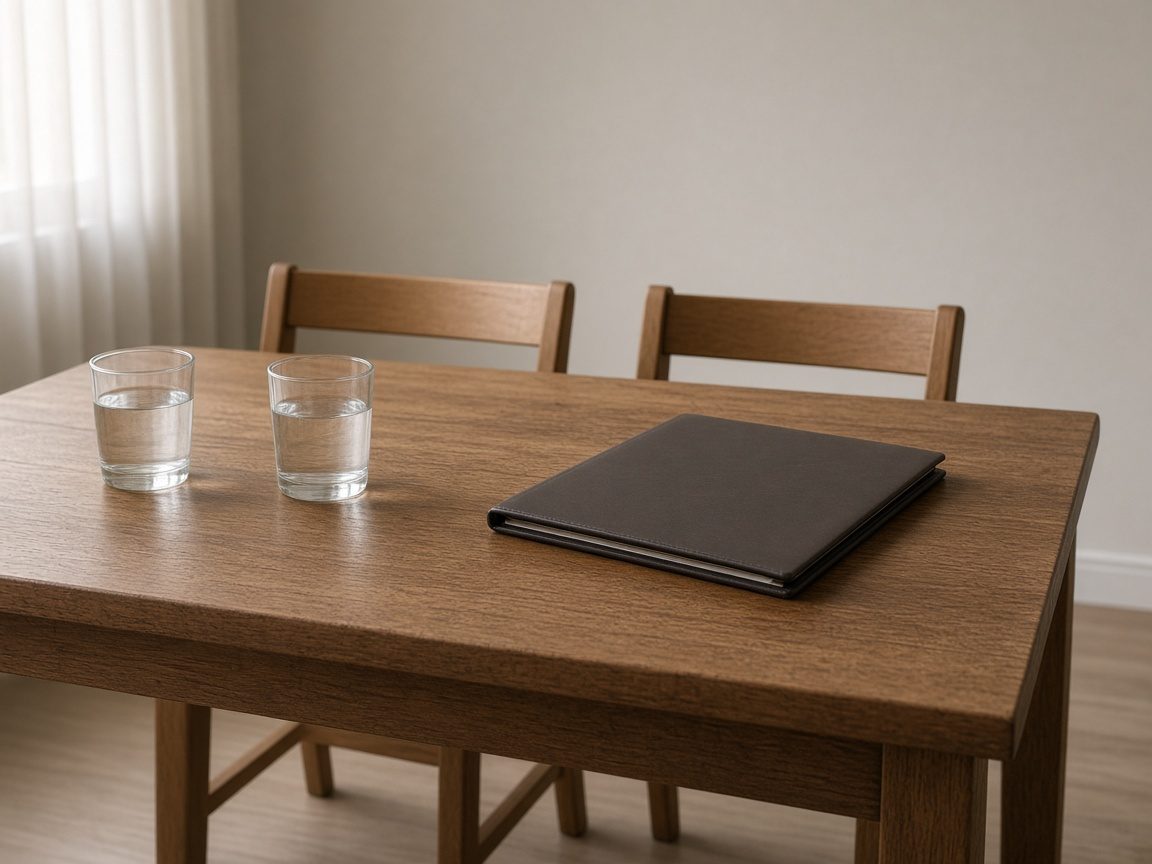 A wooden table set with two glasses of water and one closed folder.