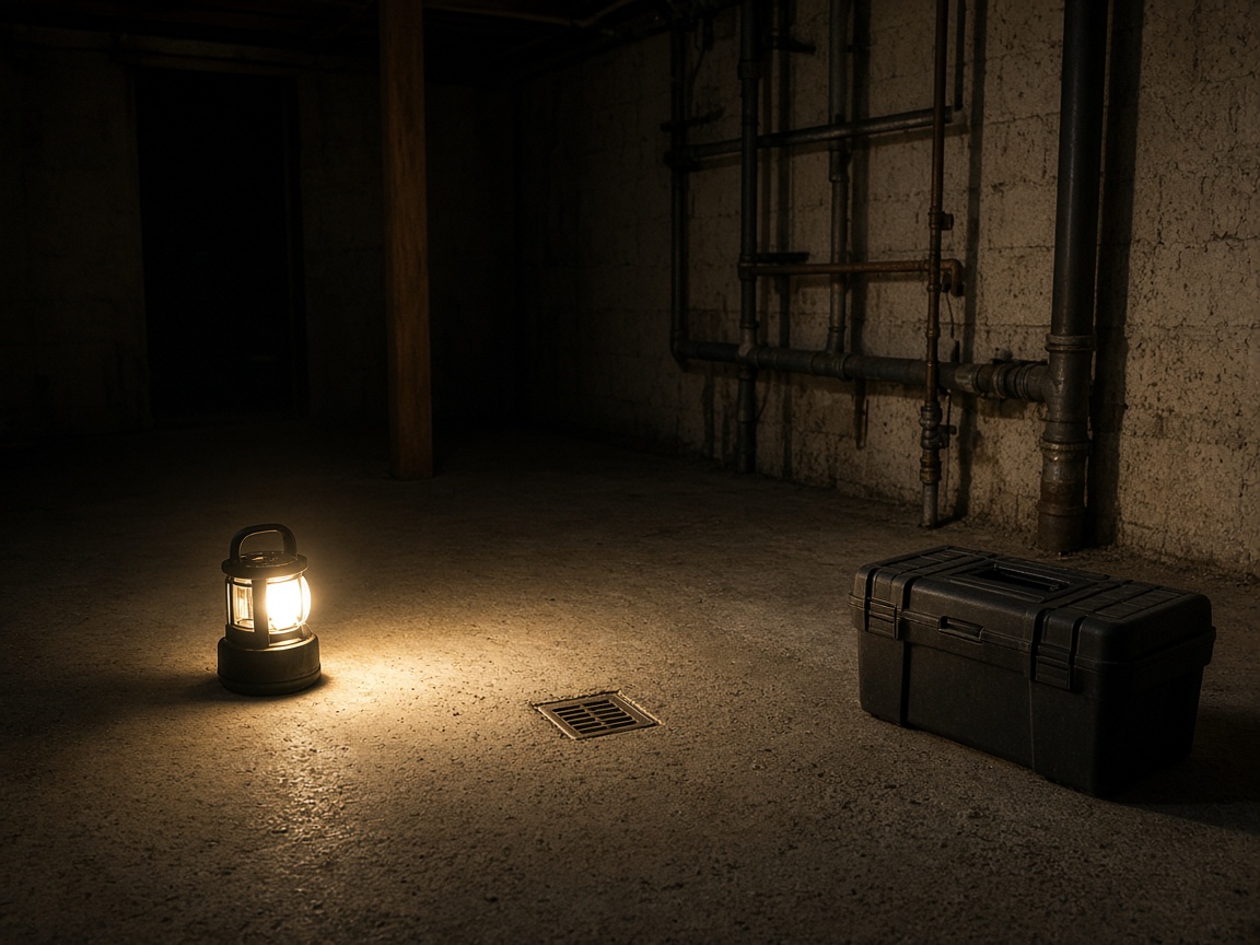 A glowing work light sits on a basement floor near a drain, exposed pipes, and a toolbox.