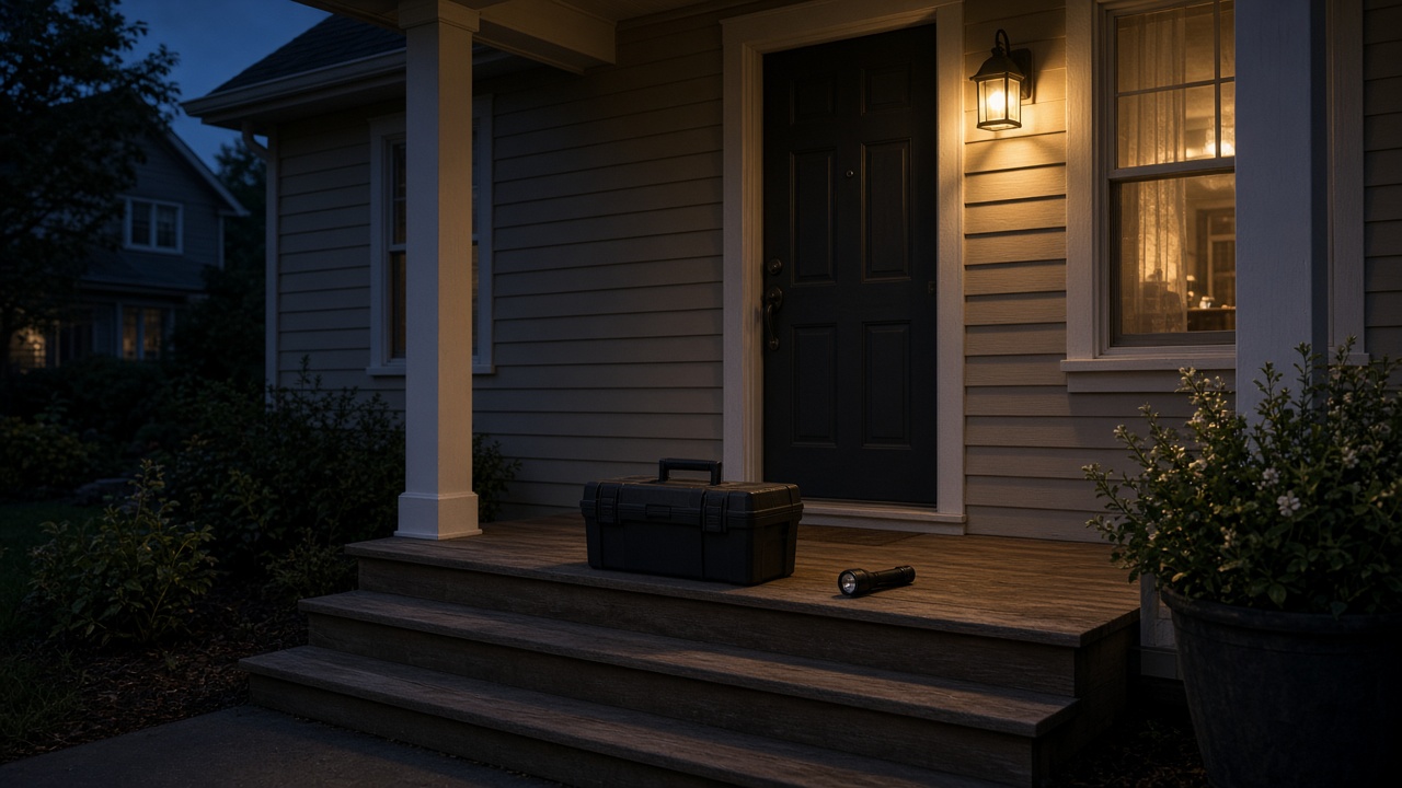 A closed toolbox and a flashlight sit on the wooden steps of a suburban porch at dusk.