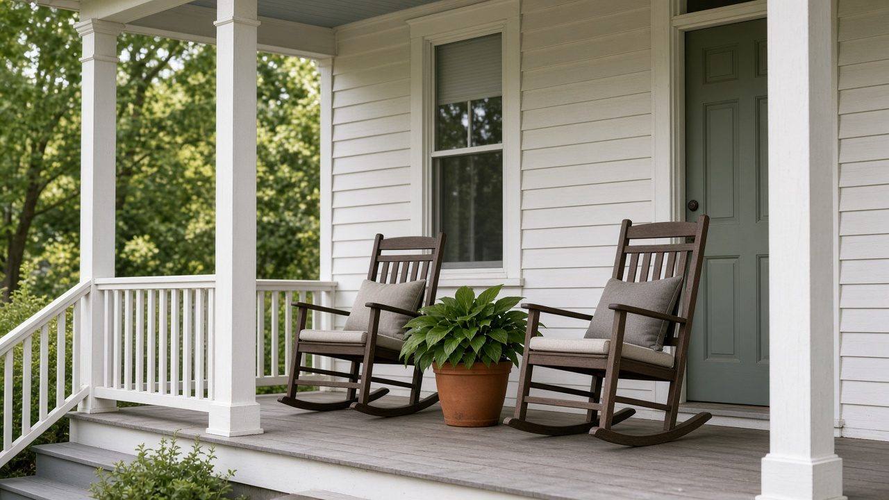 A quiet home porch with two chairs and a plant, no address numbers.