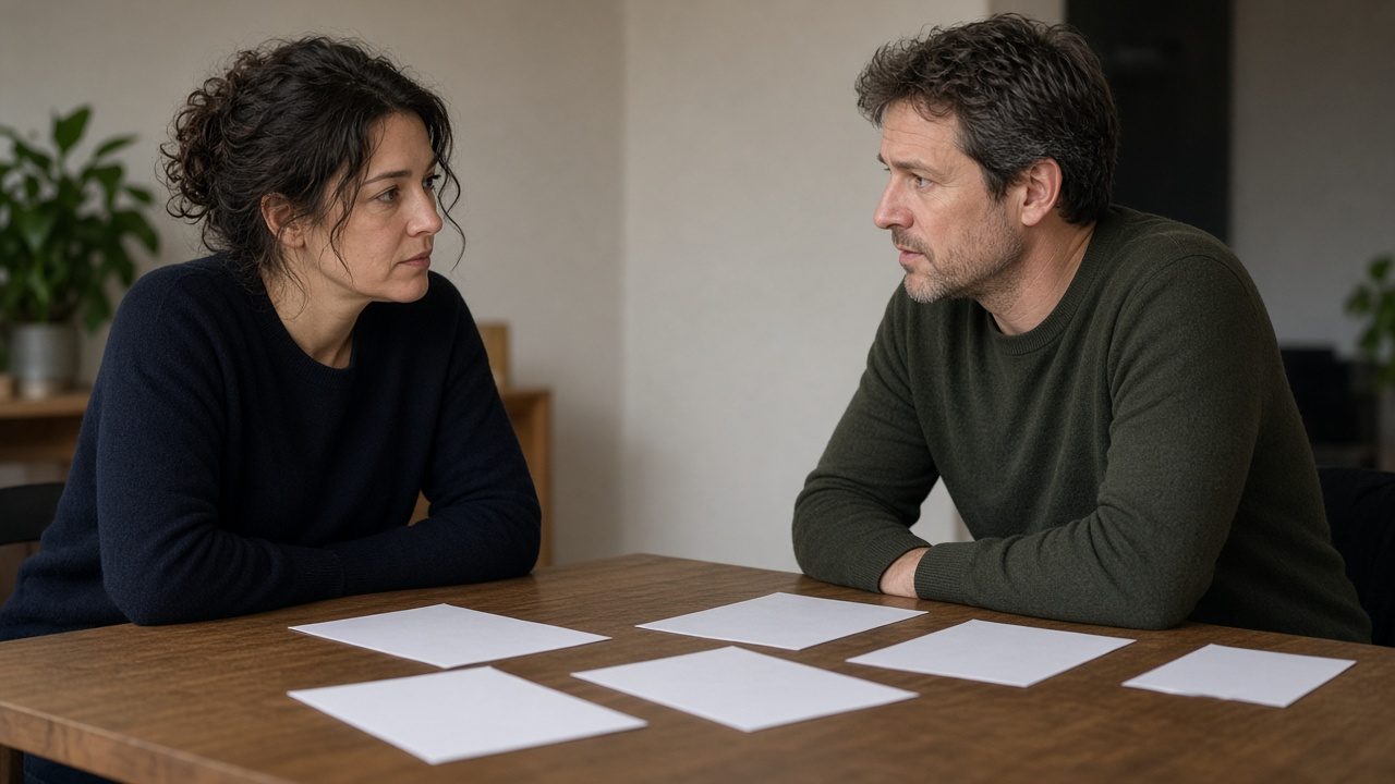 Two people talking at a table where the papers are face-down.