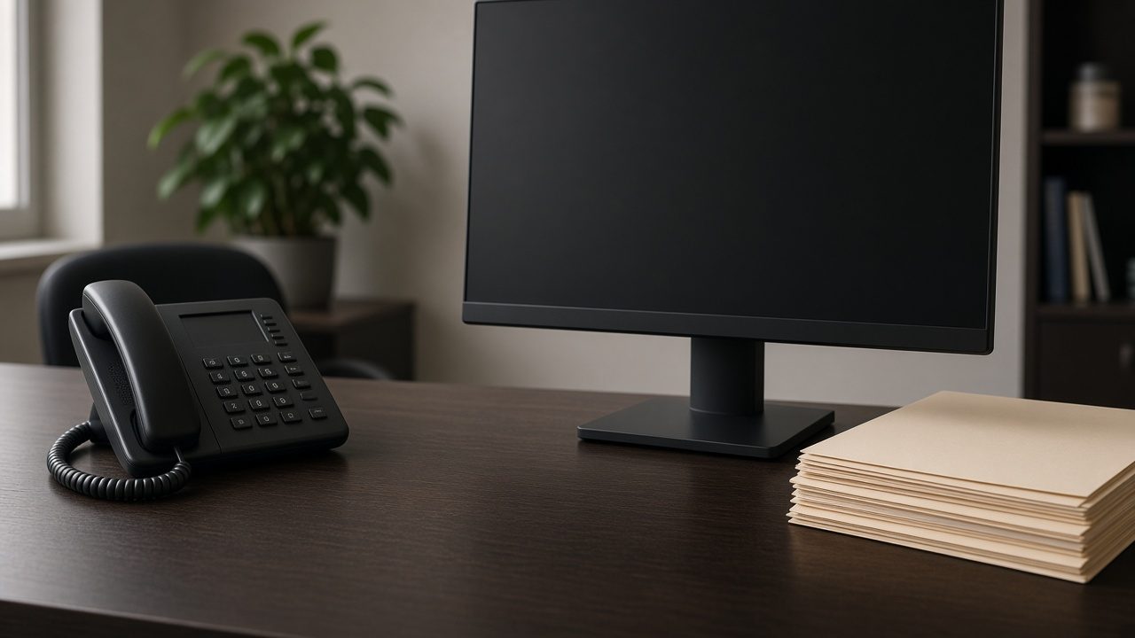 A phone, a dark monitor, and blank folders on an agency desk.