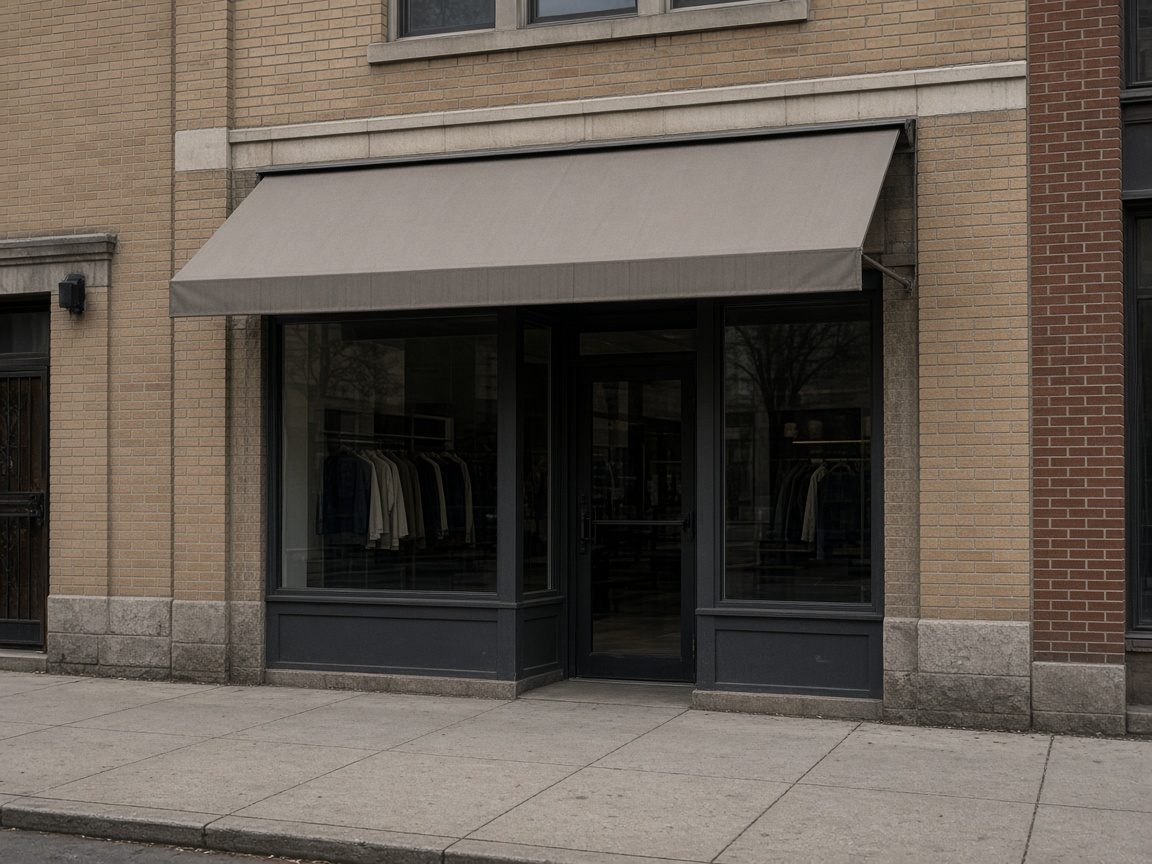 A small storefront with a plain unlettered awning and an empty sidewalk.