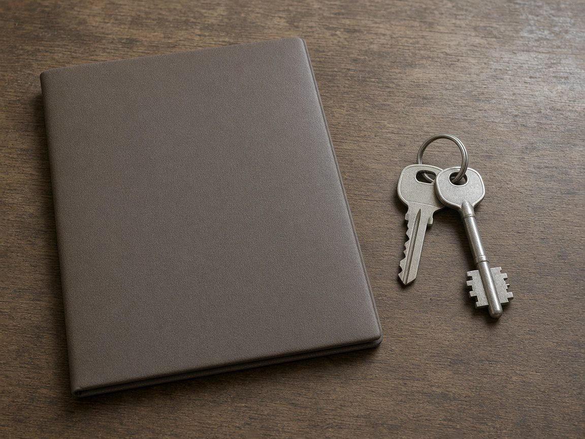 A house key and a shop key on a plain ring next to a closed folder.