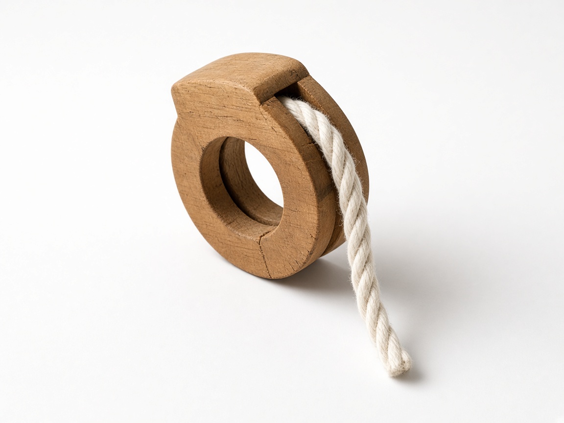 A single wooden pulley with a cotton rope sits on a white table.