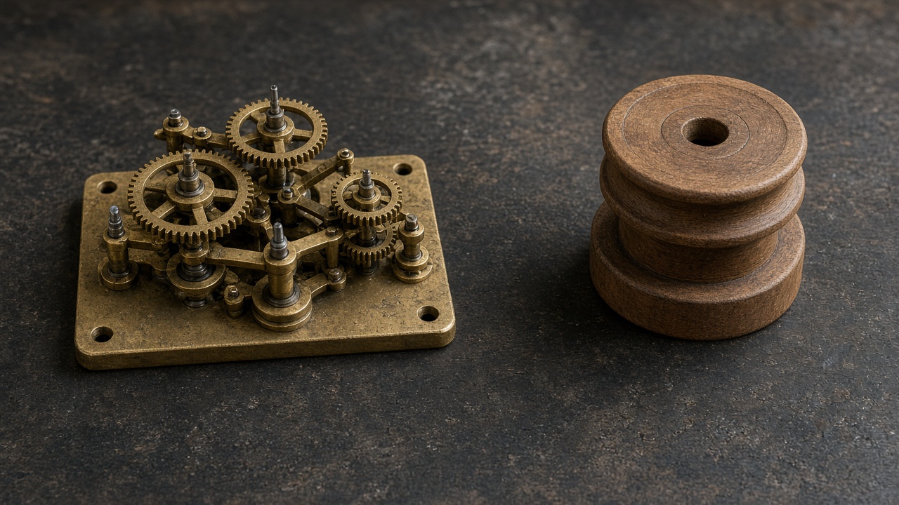 A small brass gear mechanism sits beside one wooden pulley.